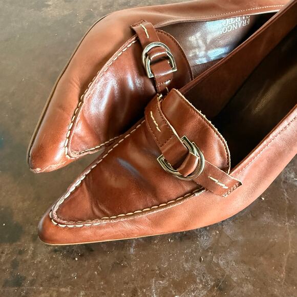 Franco Sarto Heels Leather Loafer Pumps Pointed Toe Buckle Cognac Tan Womens 10 - Picture 3 of 9